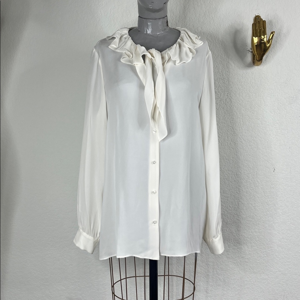 Elie Tahari Ruffle Button Long Sleeve Fresh Pearl Ruffle Shirt